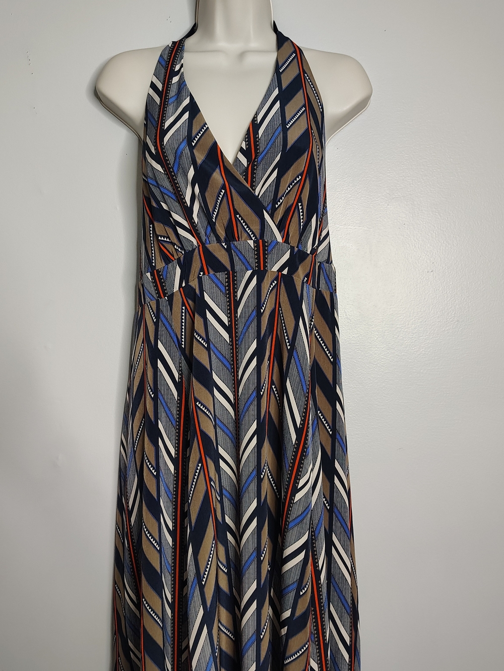 Jessica Simpson Maxi Dress Womens Medium Blue Geometric V-Neck Adjustable Straps